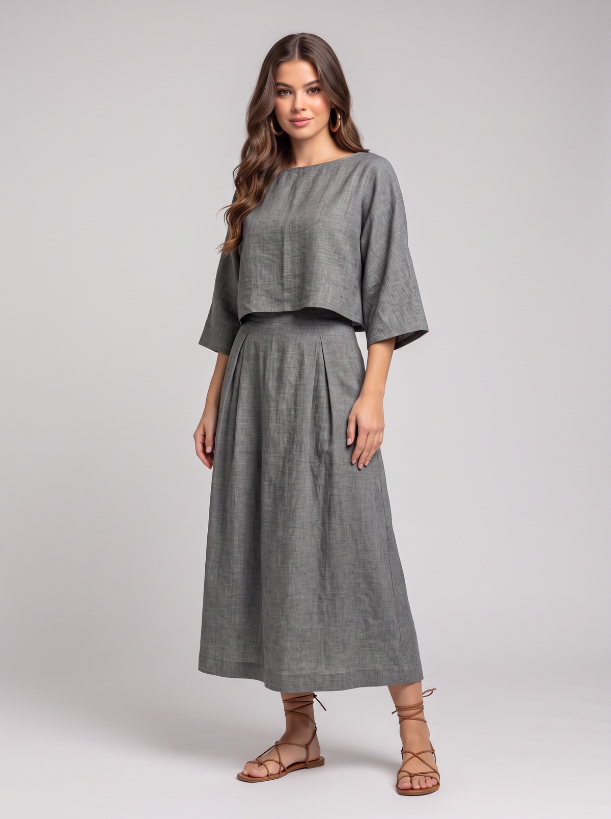 Solid Color Cropped Top and Midi Skirt Set - Gray