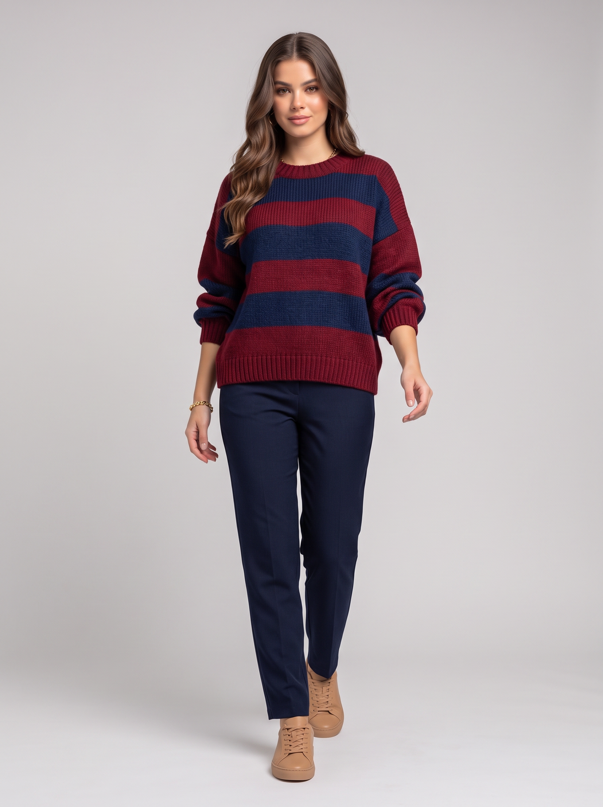 Striped Dropped Shoulder Sweater - Burgundy Sapphire Blue