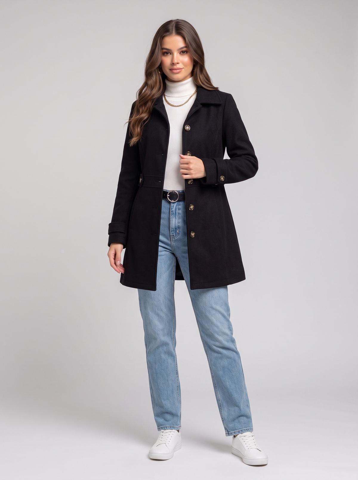 Collared Neck Button Up Coat - Black