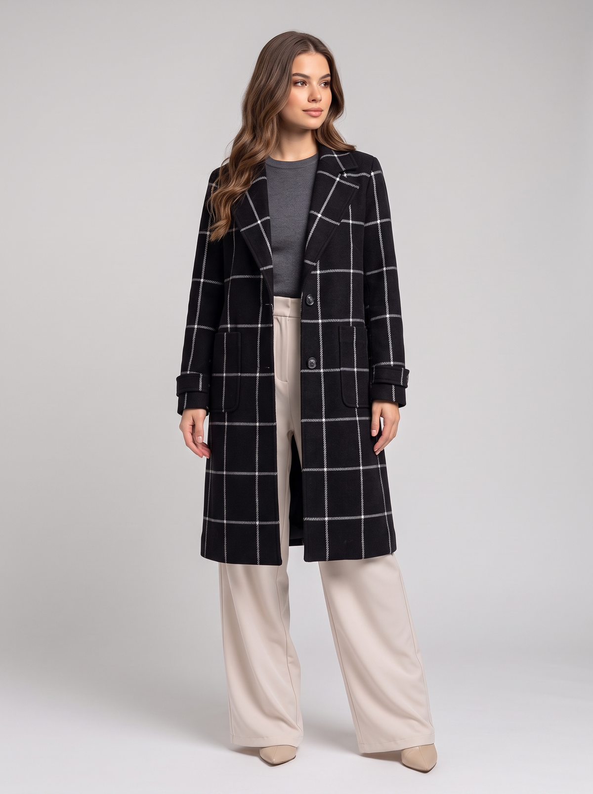 Plaid Lapel Collar Longline Overcoat - Black