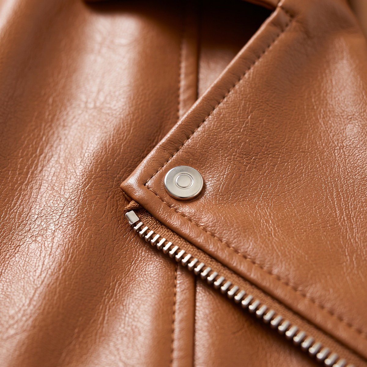 Faux Leather Cropped Biker Jacket - Caramel - close-up