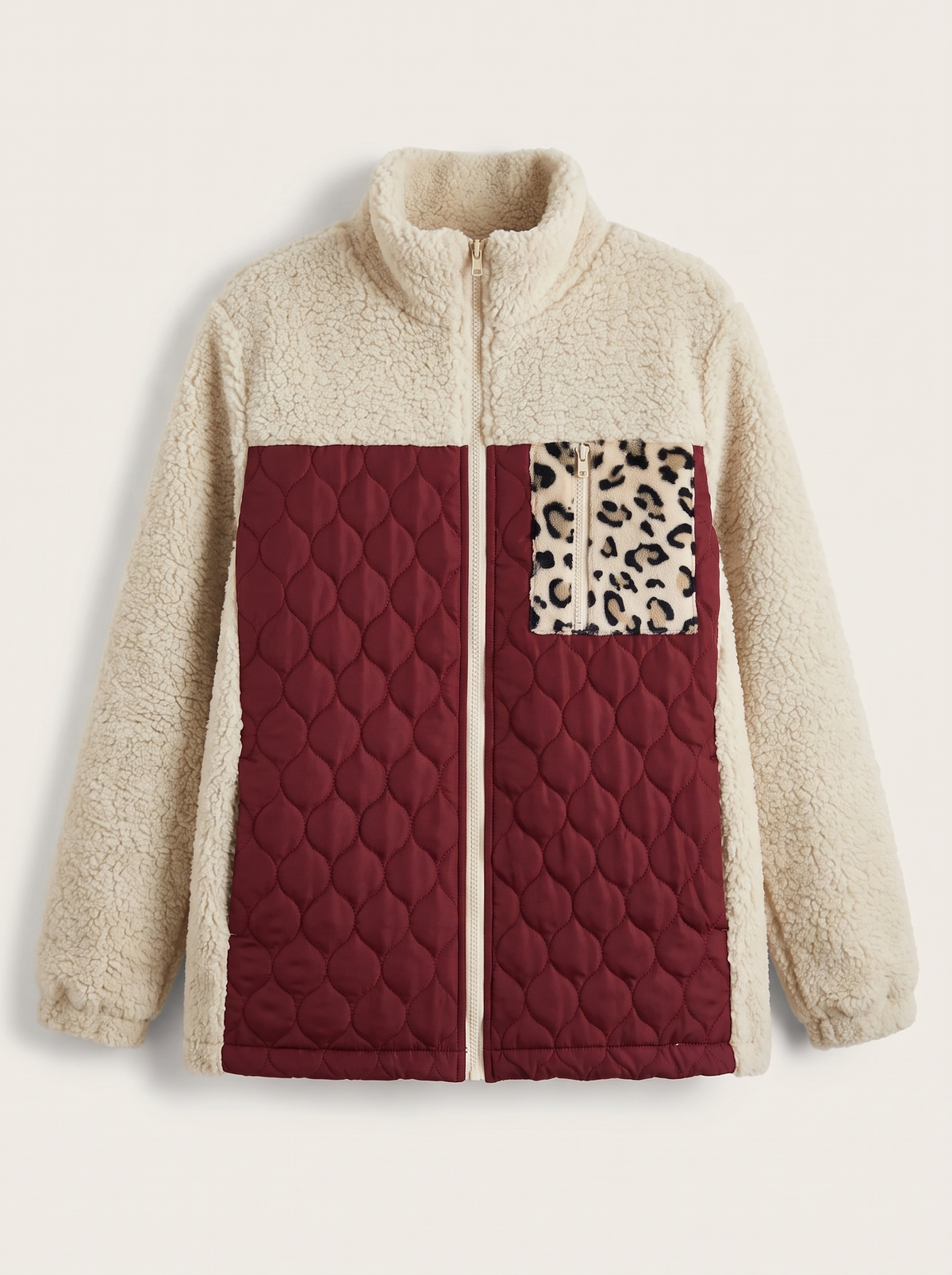 Leopard Color Block Zip-Up Jacket - Burgundy - flat lay