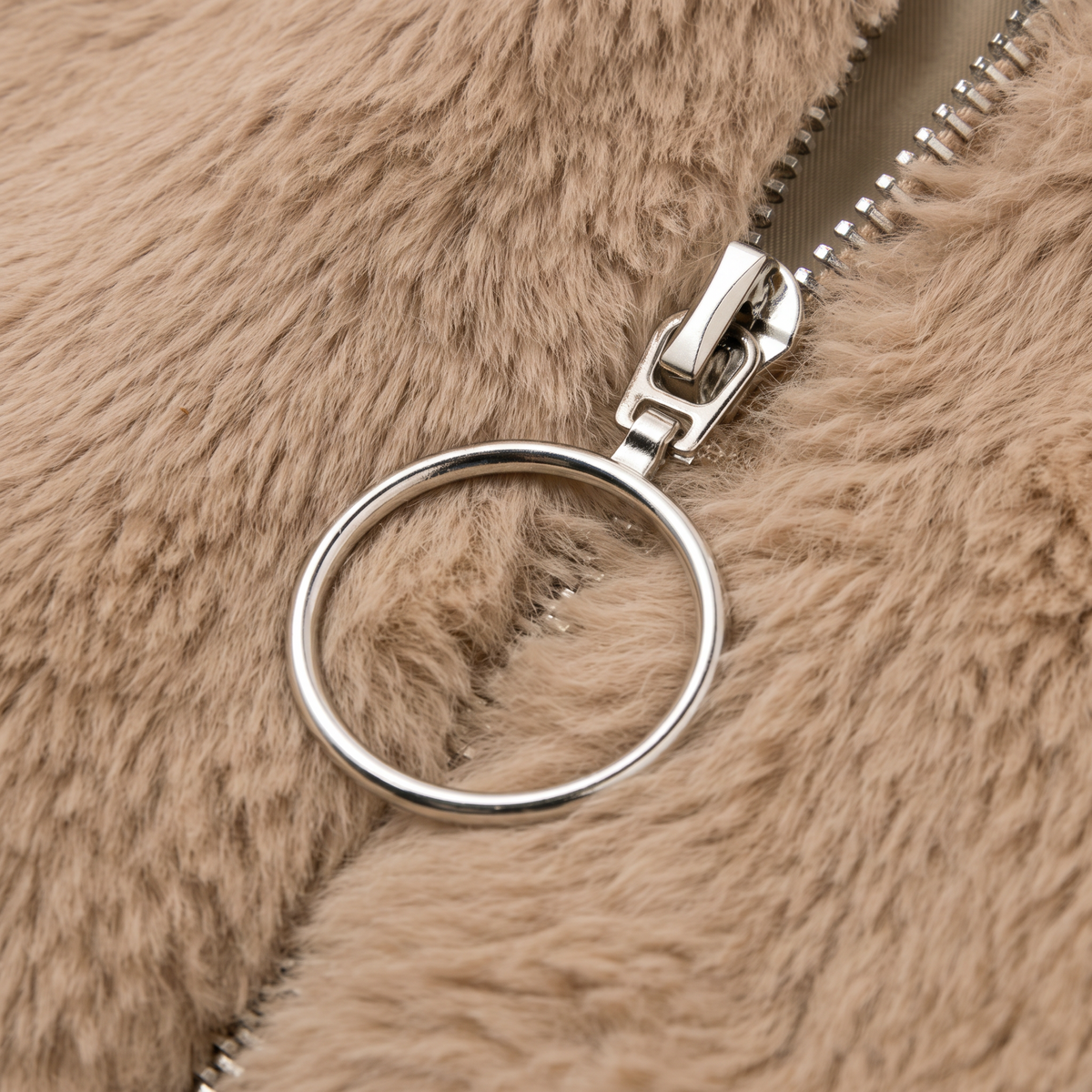 Faux Fur Cropped Zip-Up Jacket - Khaki - fabric close-up