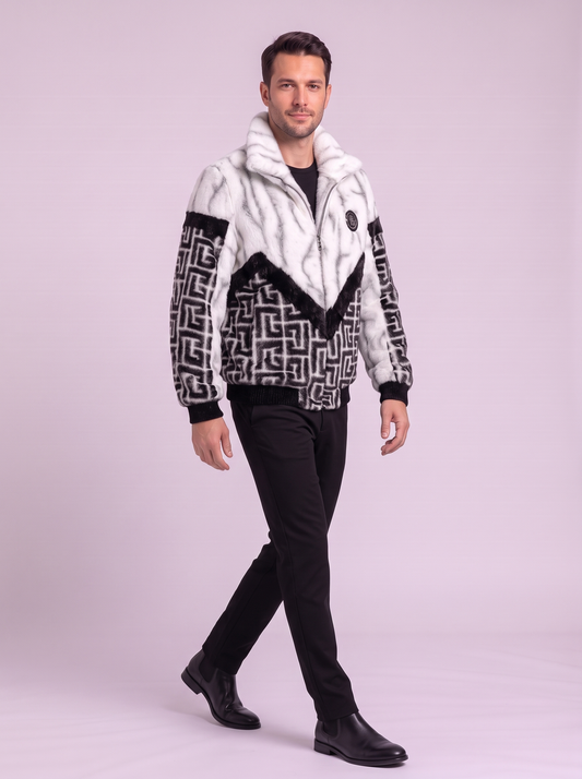 Men's Faux Fur Patchwork Jacket - White - side
