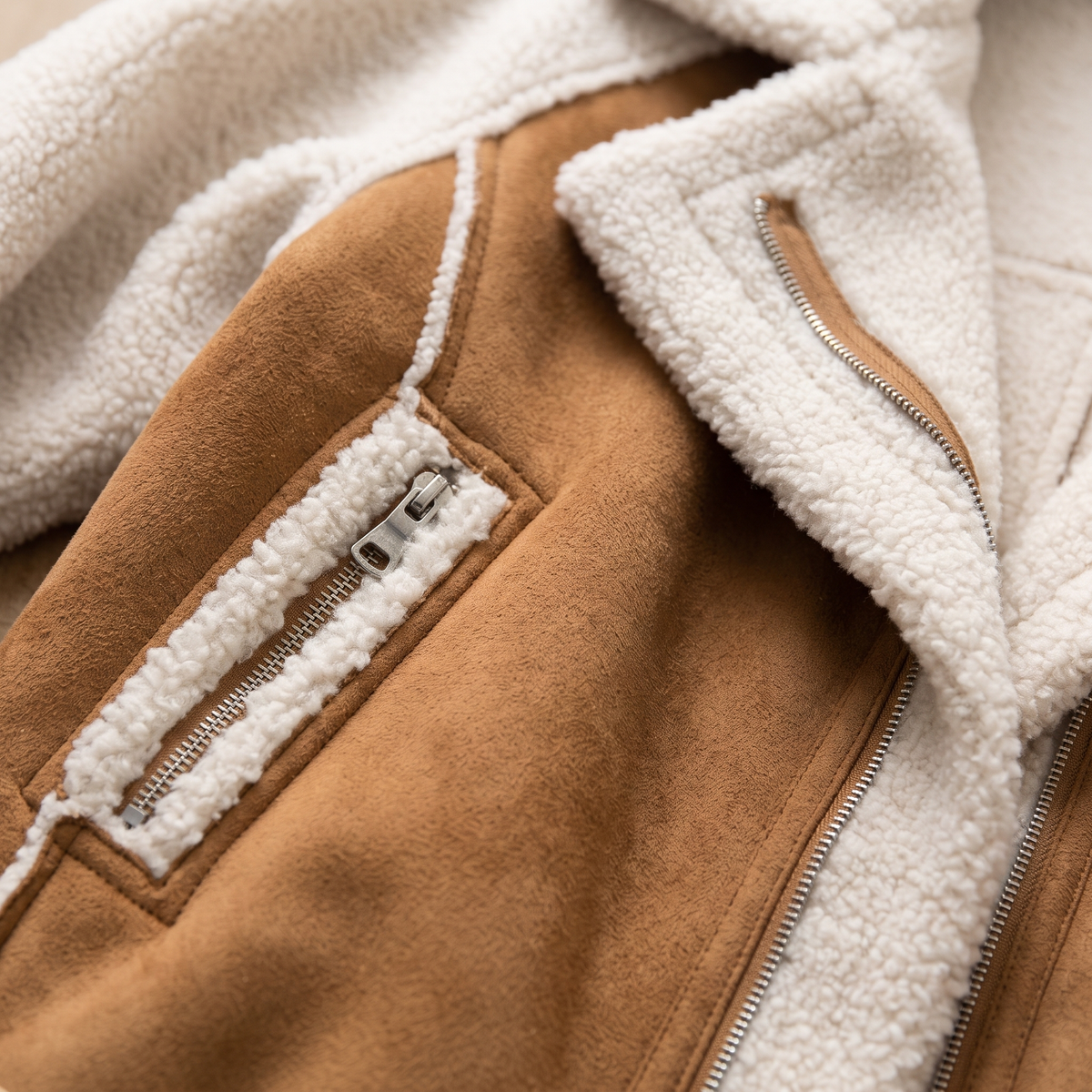 Faux Suede Shearling Biker Jacket - Khaki - fabric close-up