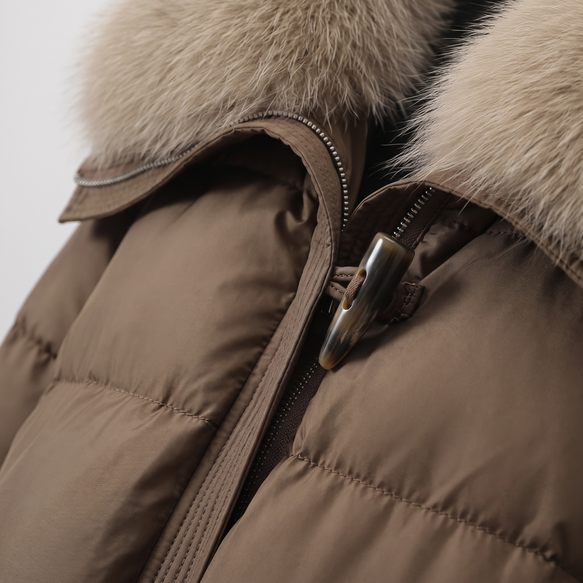 Fur Collar Short Puffer Jacket - Brown - fabric close-up