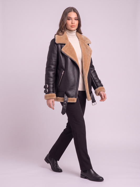 Faux Leather Shearling Aviator Jacket - Black - side