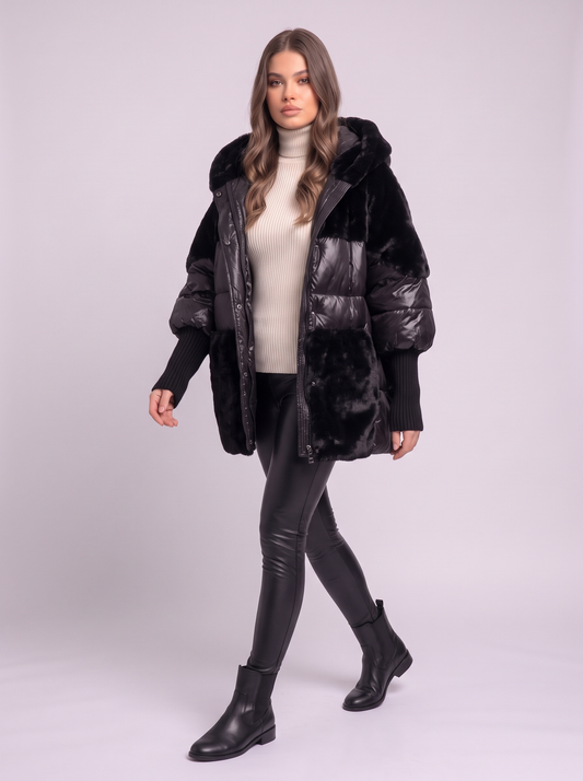 Faux Fur Patchwork Hooded Puffer Coat - Black - side