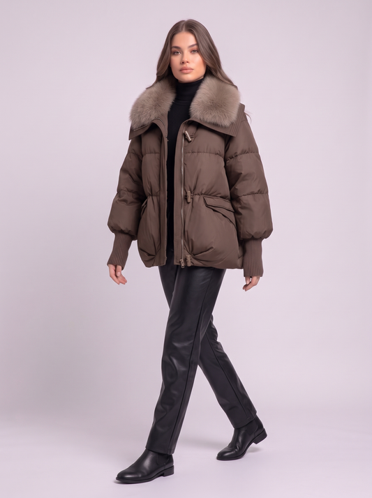 Fur Collar Short Puffer Jacket - Brown - side