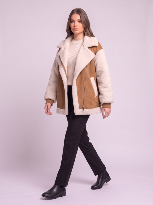 Faux Suede Shearling Biker Jacket - Khaki - side