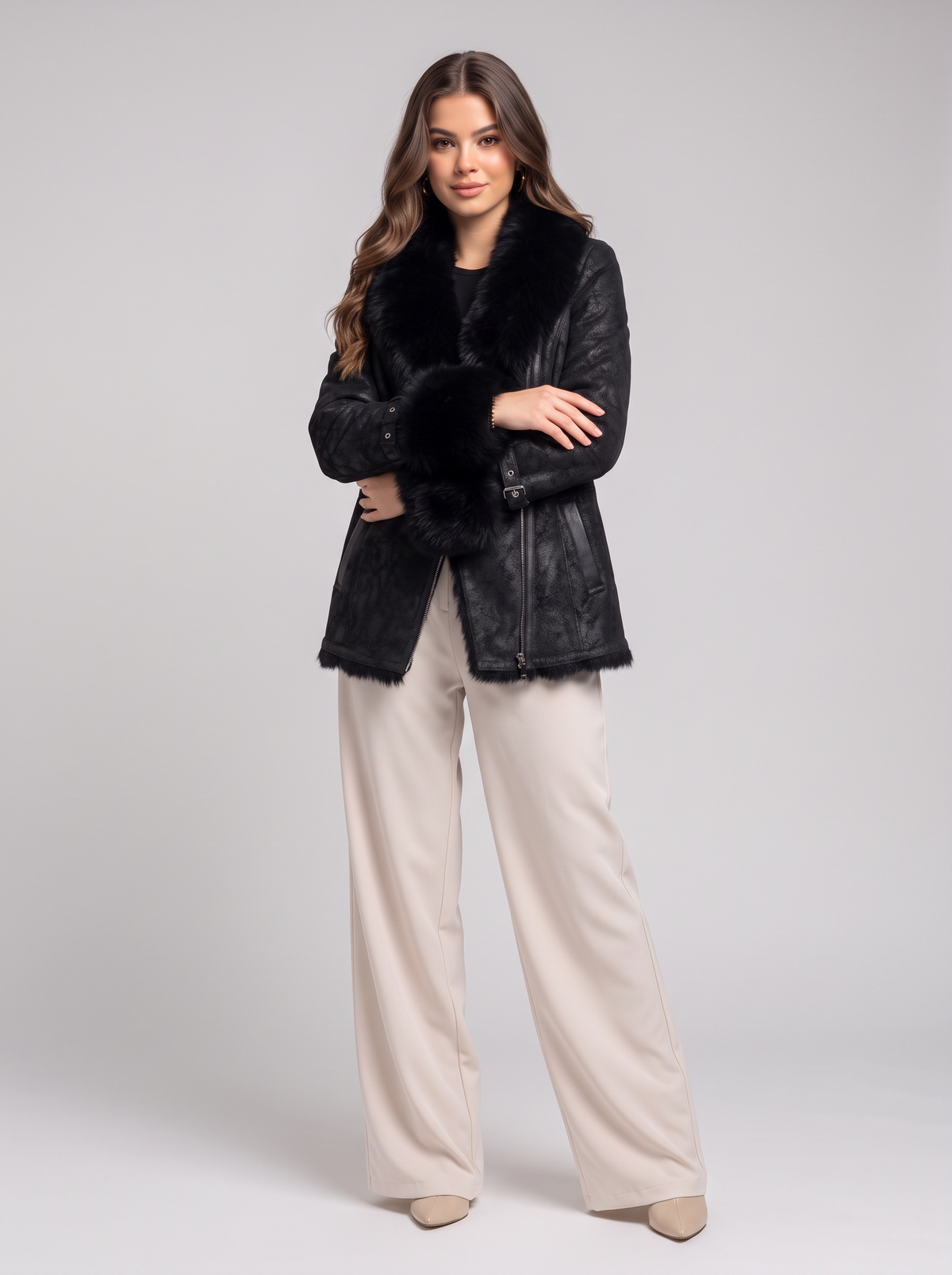 Winter jacket with fur collar - full black