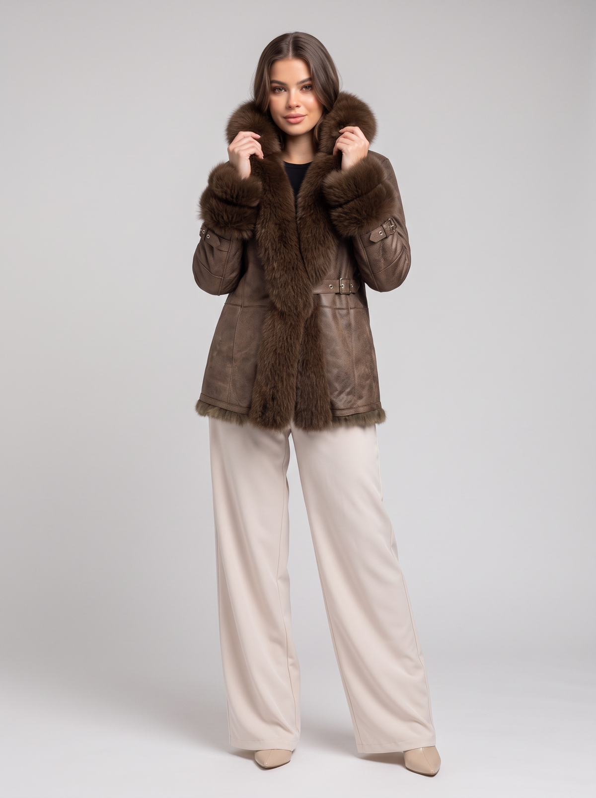 Winter jacket with fur collar - dark brown