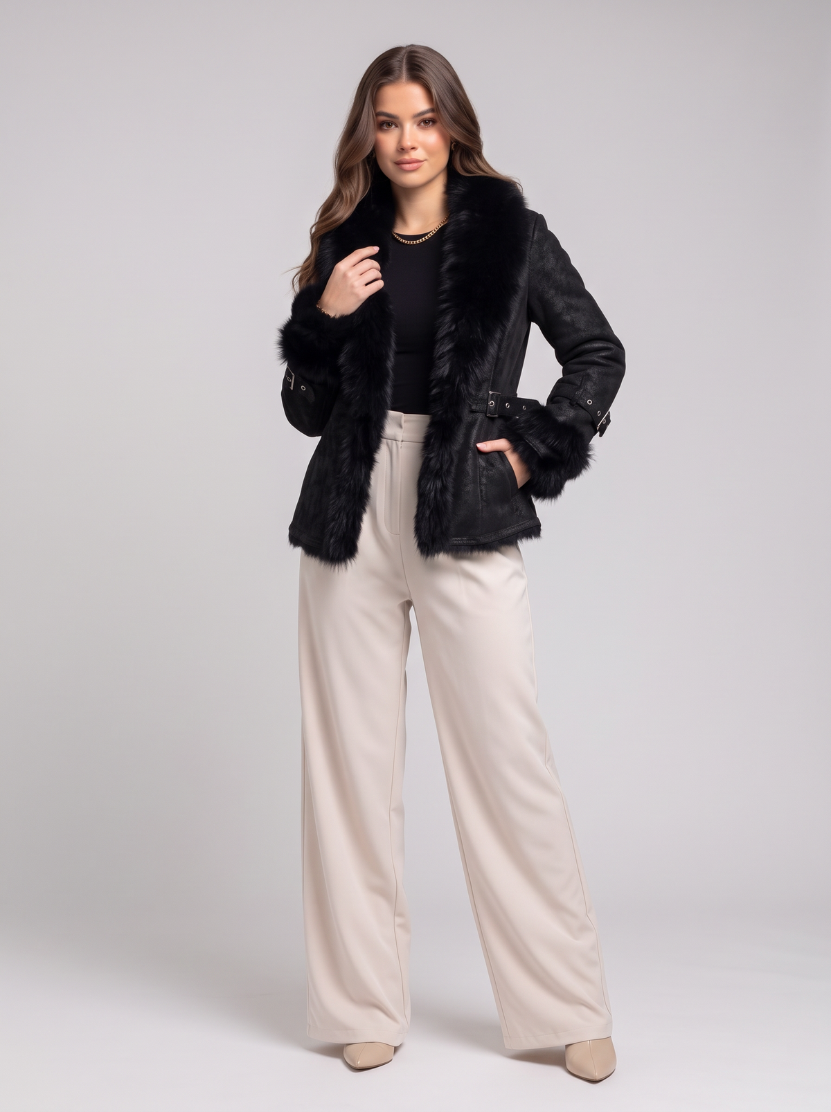 Winter jacket with fur collar - All Black