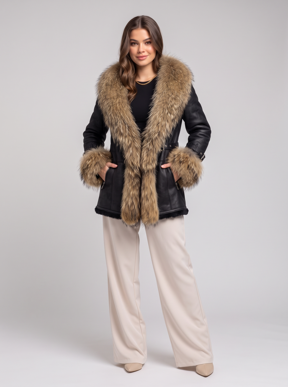 Winter jacket with fur collar - black natural