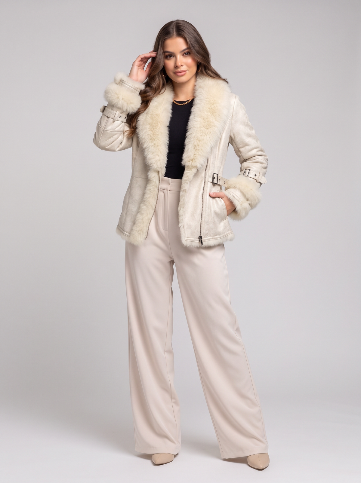 Winter jacket with fur collar - Beige