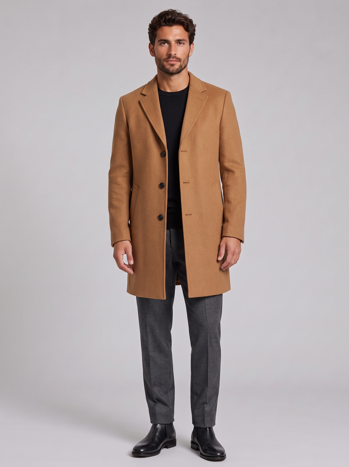Classic camel wool-blend overcoat - front