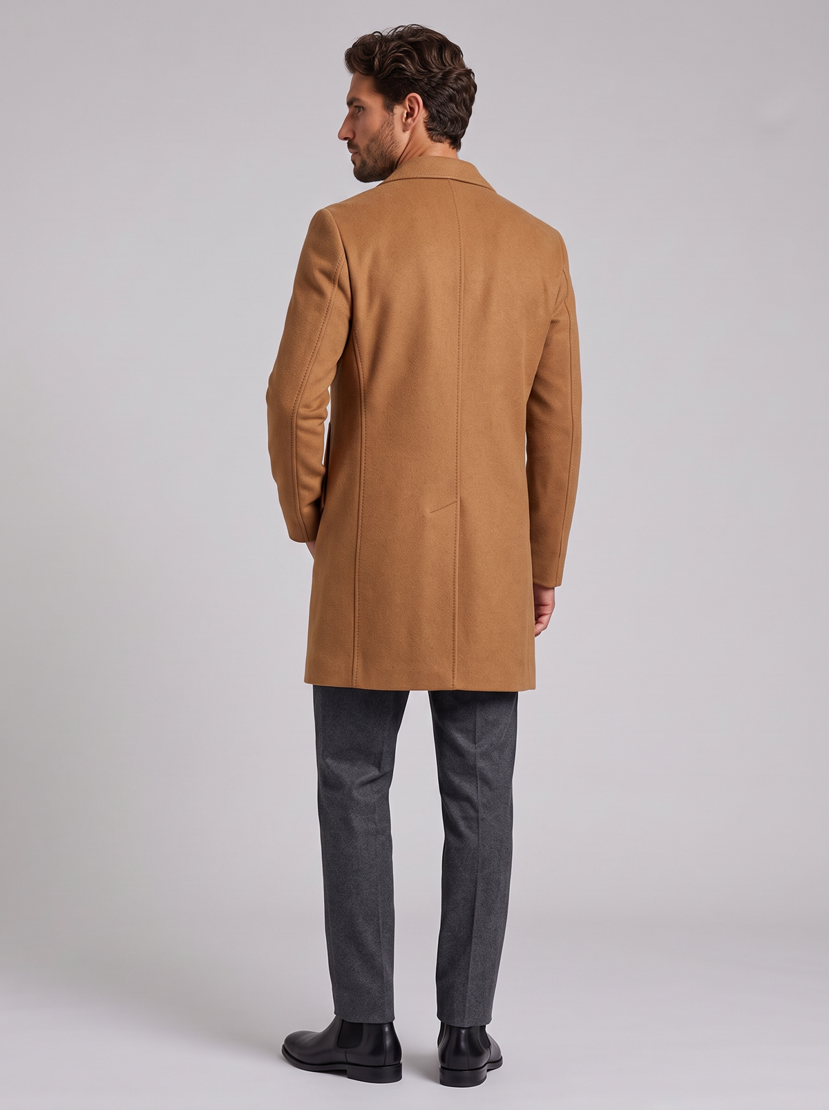 Classic camel wool-blend overcoat - back with single vent