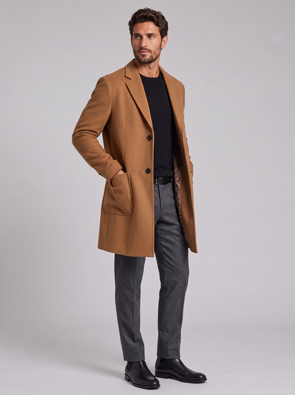 Classic camel wool-blend overcoat - three-quarter view