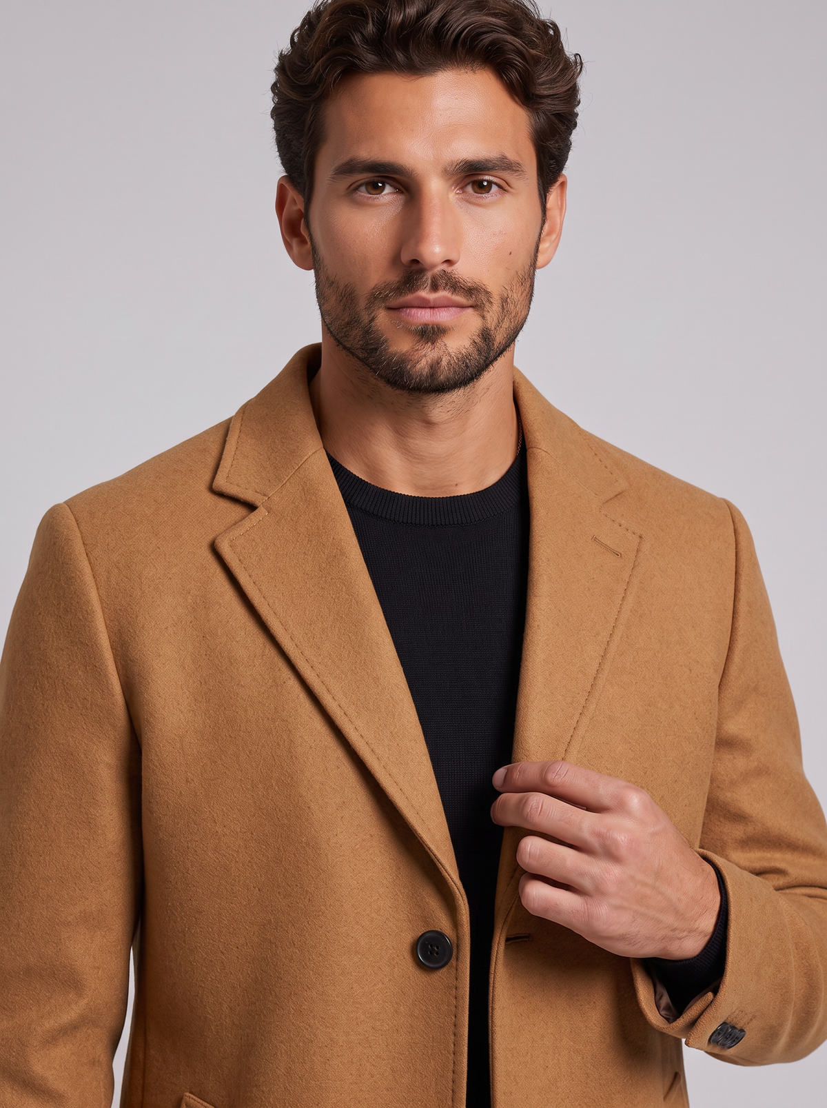 Classic camel wool-blend overcoat - collar and fabric detail