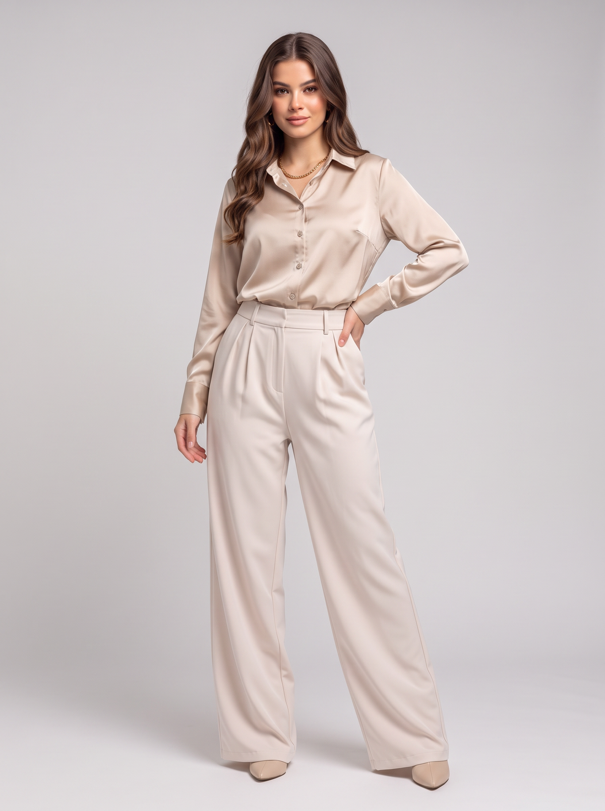 Satin long sleeve blouse - Beige