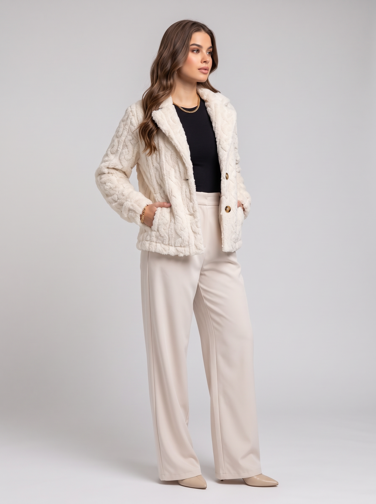 Fuzzy button up jacket - three-quarter view