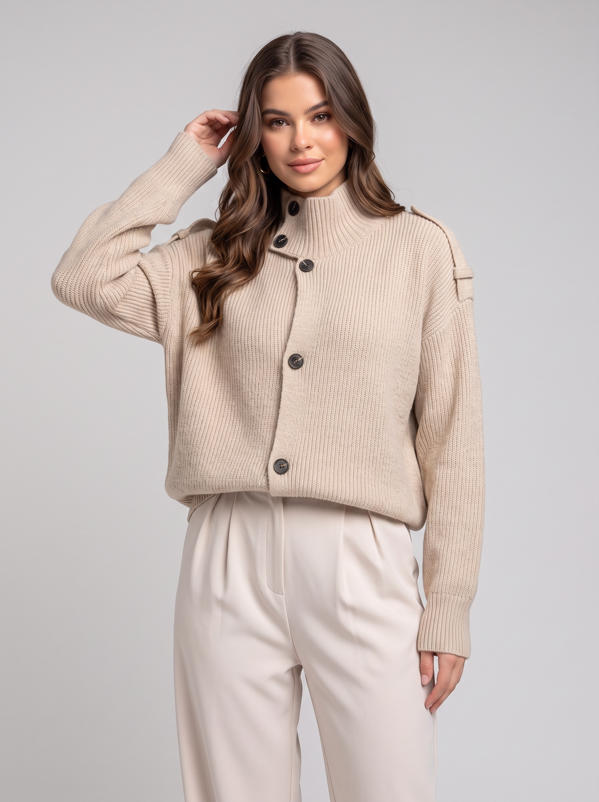 Mock neck cardigan - Apricot