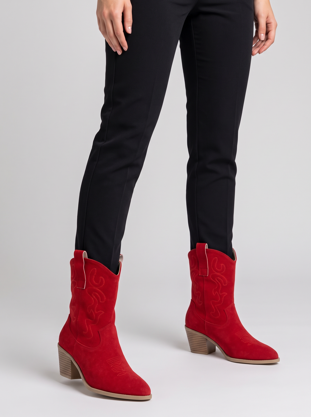 Point Toe Block Heels Boots - Red