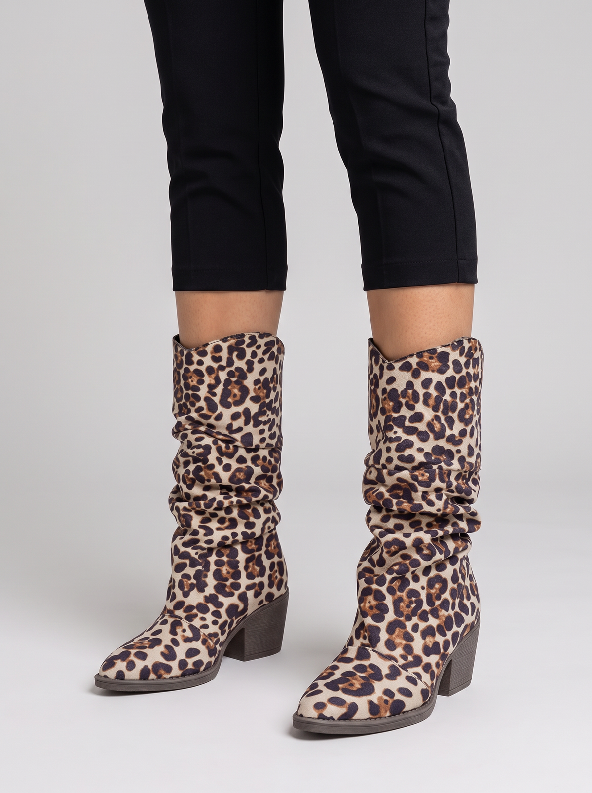 Leopard Point Toe Block Heels Boots 3