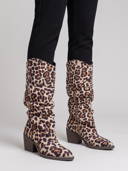 Leopard Point Toe Block Heels Boots 1