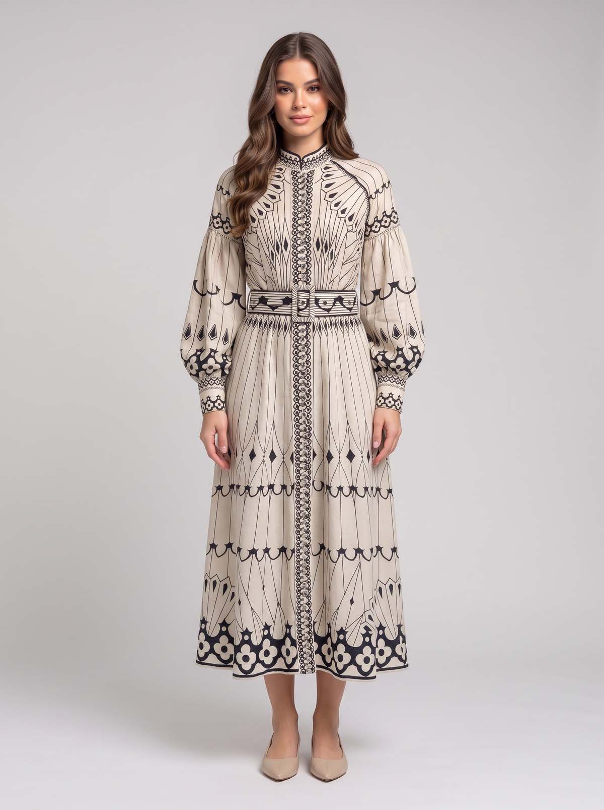 Printed Long Sleeve Shirt Dress with Belt 1