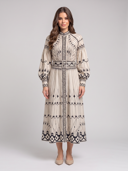 Printed Long Sleeve Shirt Dress with Belt 1
