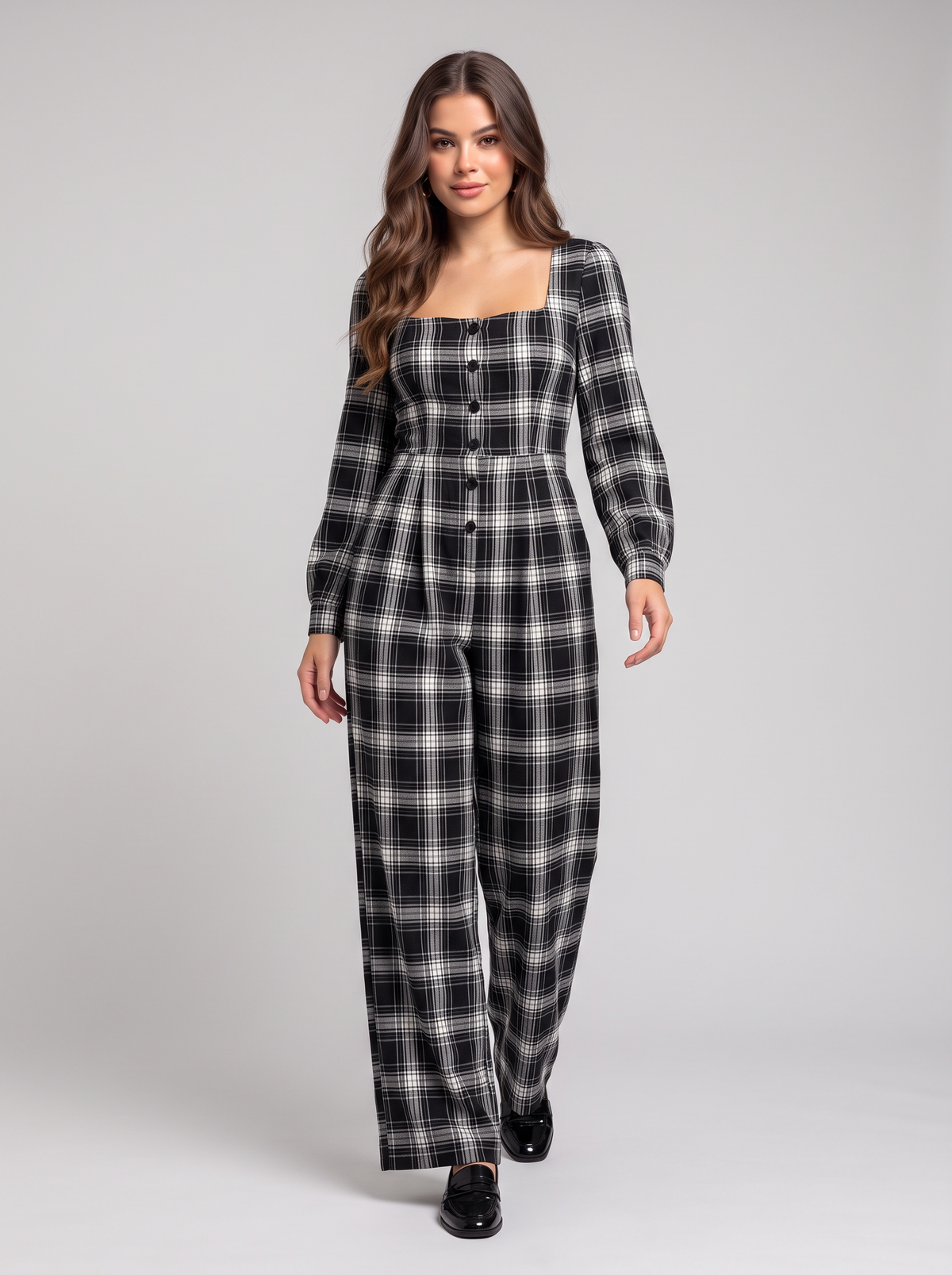 Plaid Square Neck Long Sleeve Wide Leg Jumpsuit - Black
