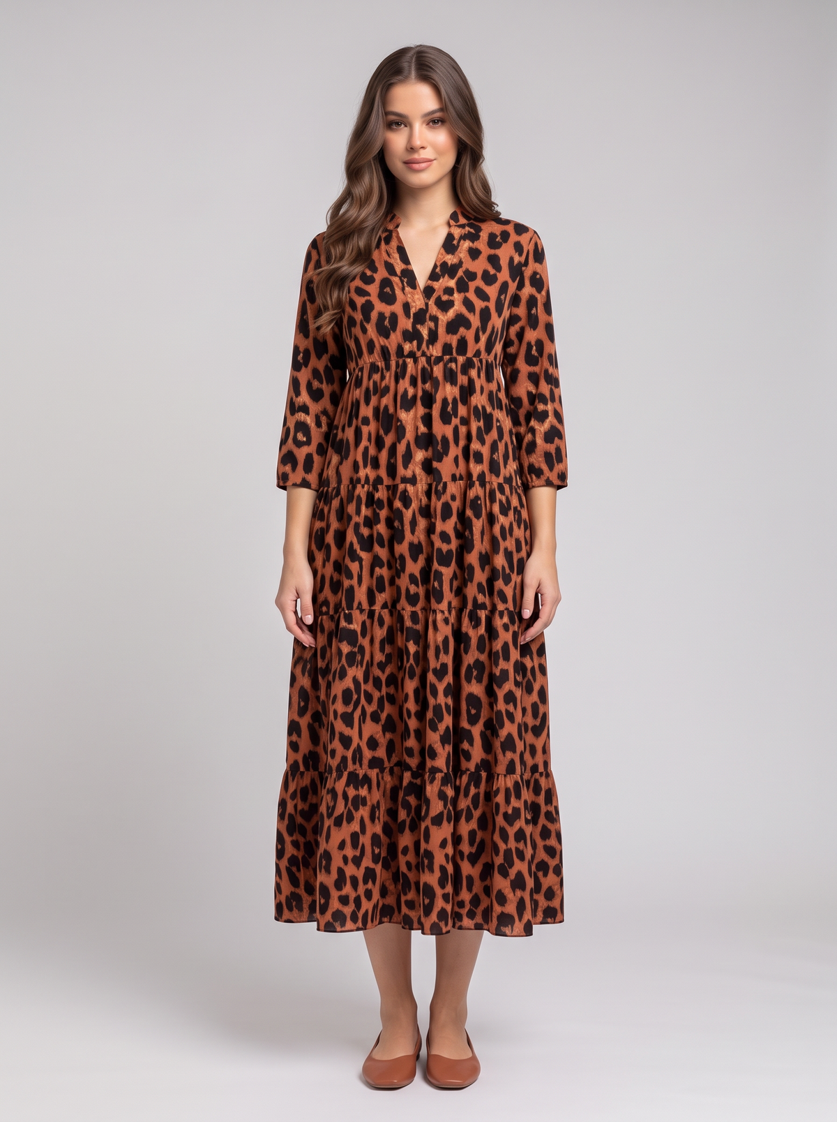 Leopard 3/4 Sleeve Midi Dress - Rust Color