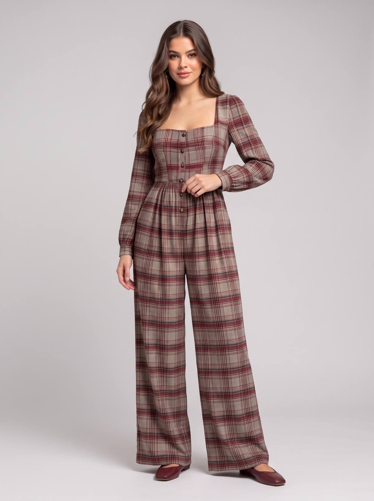 Plaid Square Neck Long Sleeve Wide Leg Jumpsuit - Burgundy