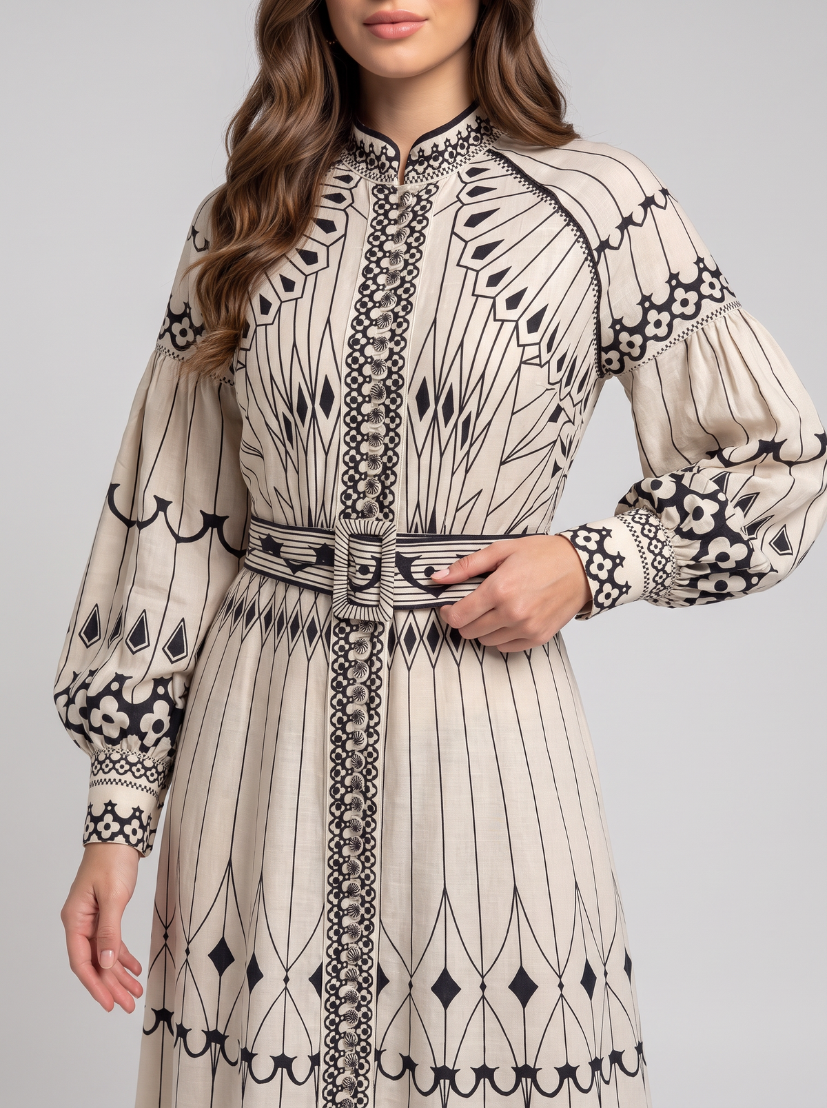 Printed Long Sleeve Shirt Dress with Belt 4