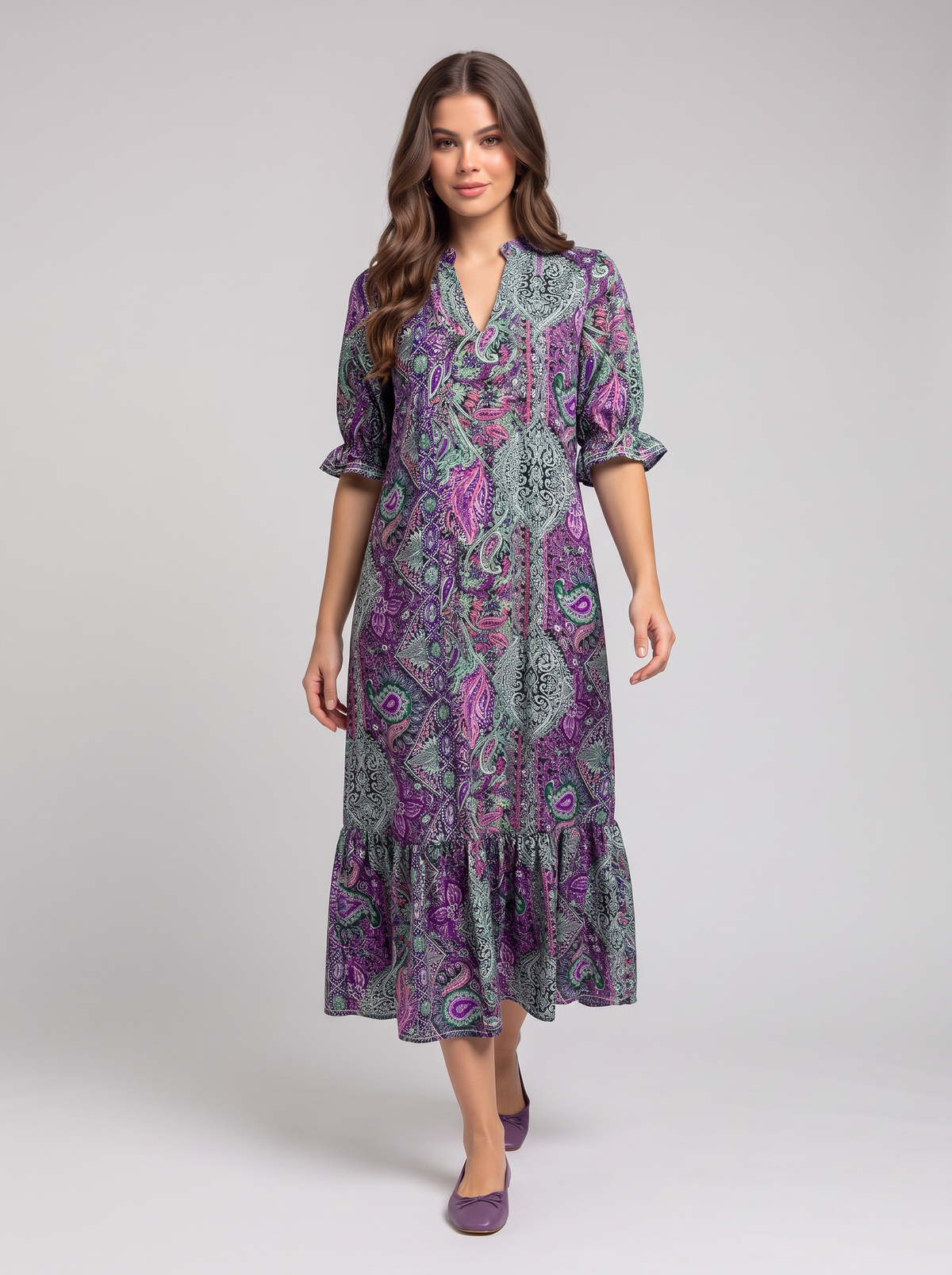 Bohemian Paisley Print Ruffle Hem Midi Dress - Purple