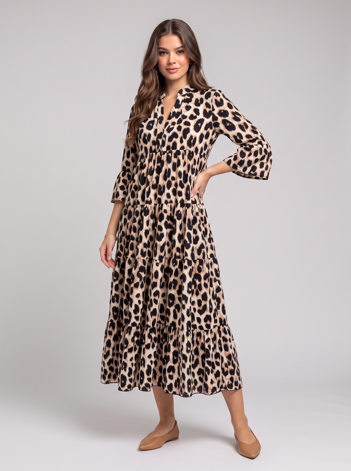 Leopard 3/4 Sleeve Midi Dress - Tan