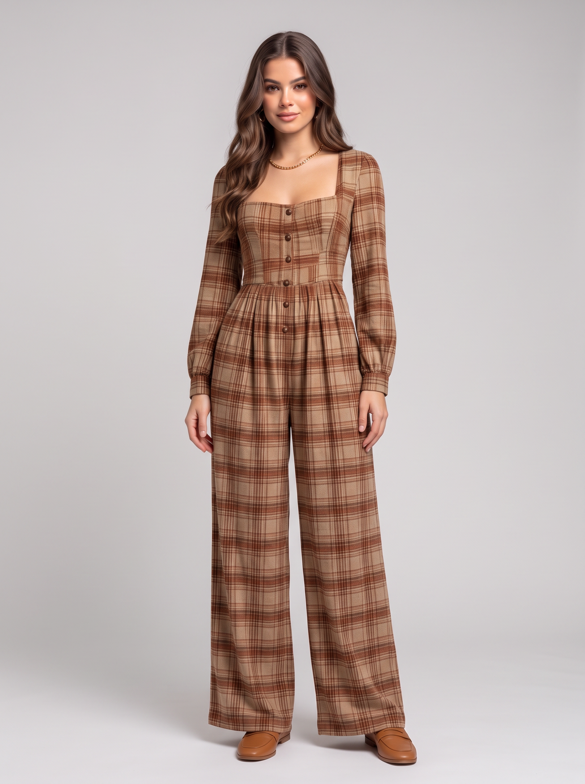 Plaid Square Neck Long Sleeve Wide Leg Jumpsuit - Caramel