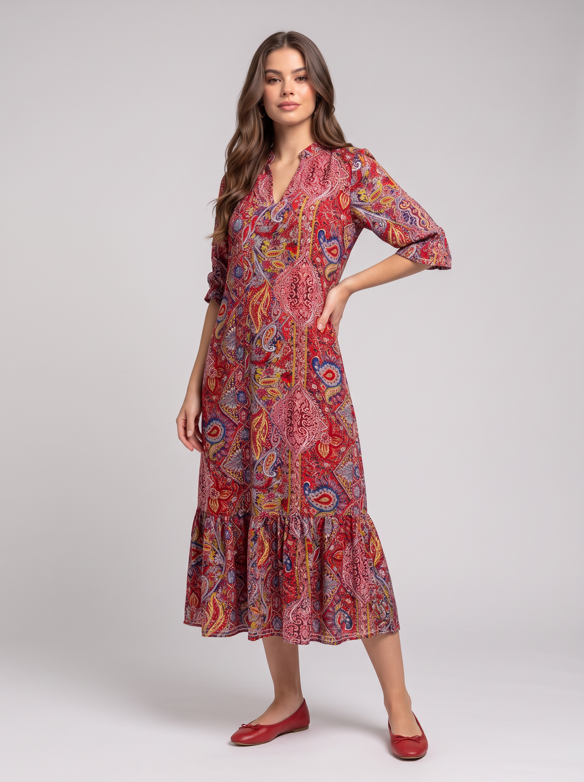 Bohemian Paisley Print Ruffle Hem Midi Dress - Red