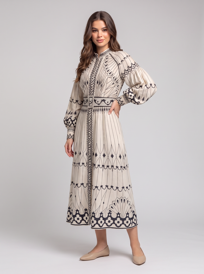 Printed Long Sleeve Shirt Dress with Belt 3