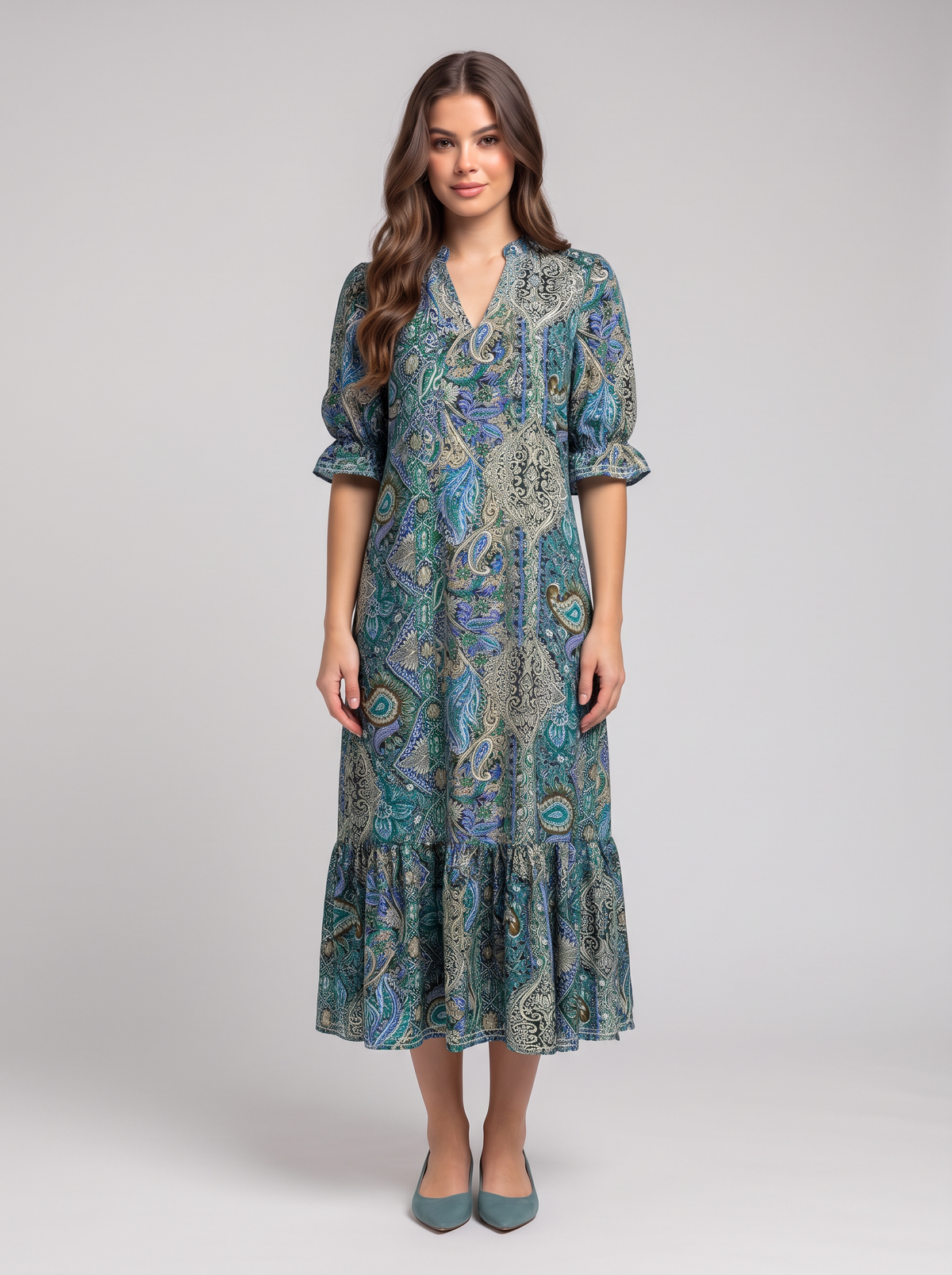 Bohemian Paisley Print Ruffle Hem Midi Dress - Teal