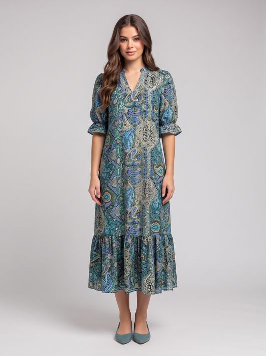 Bohemian Paisley Print Ruffle Hem Midi Dress - Teal