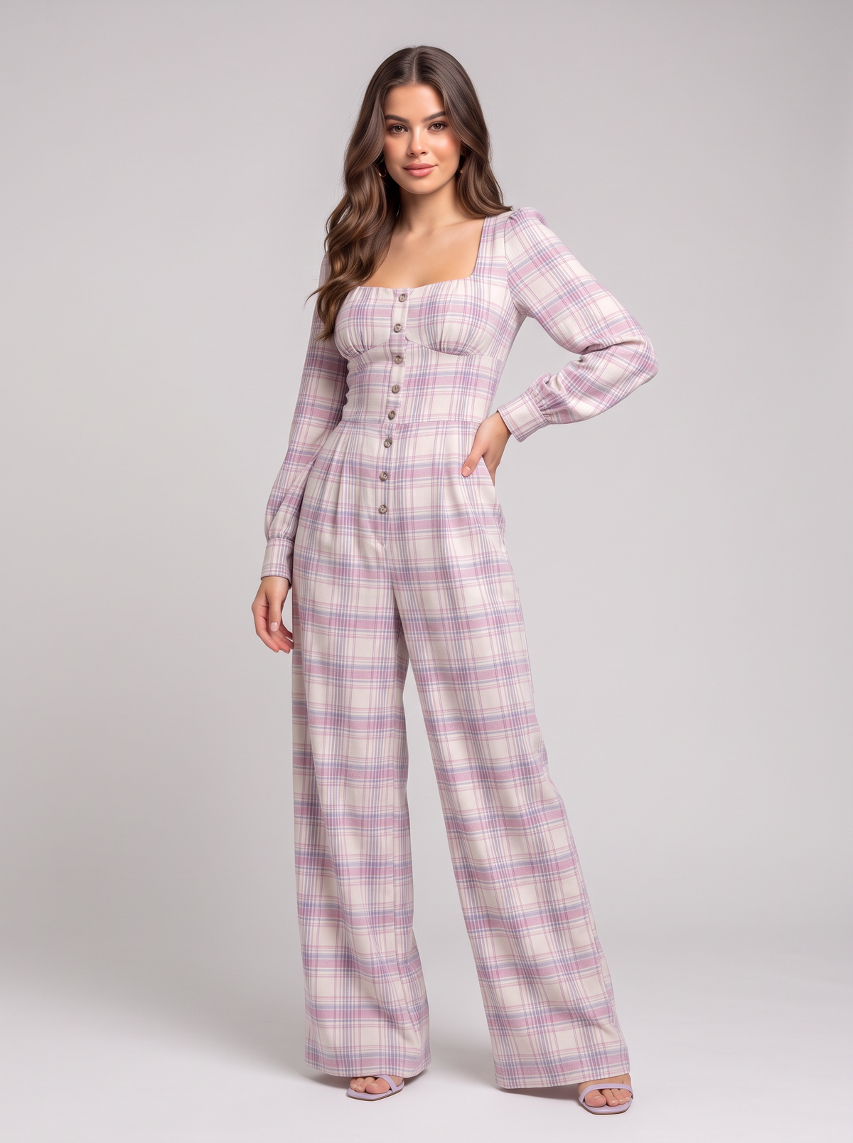 Plaid Square Neck Long Sleeve Wide Leg Jumpsuit - Lilac