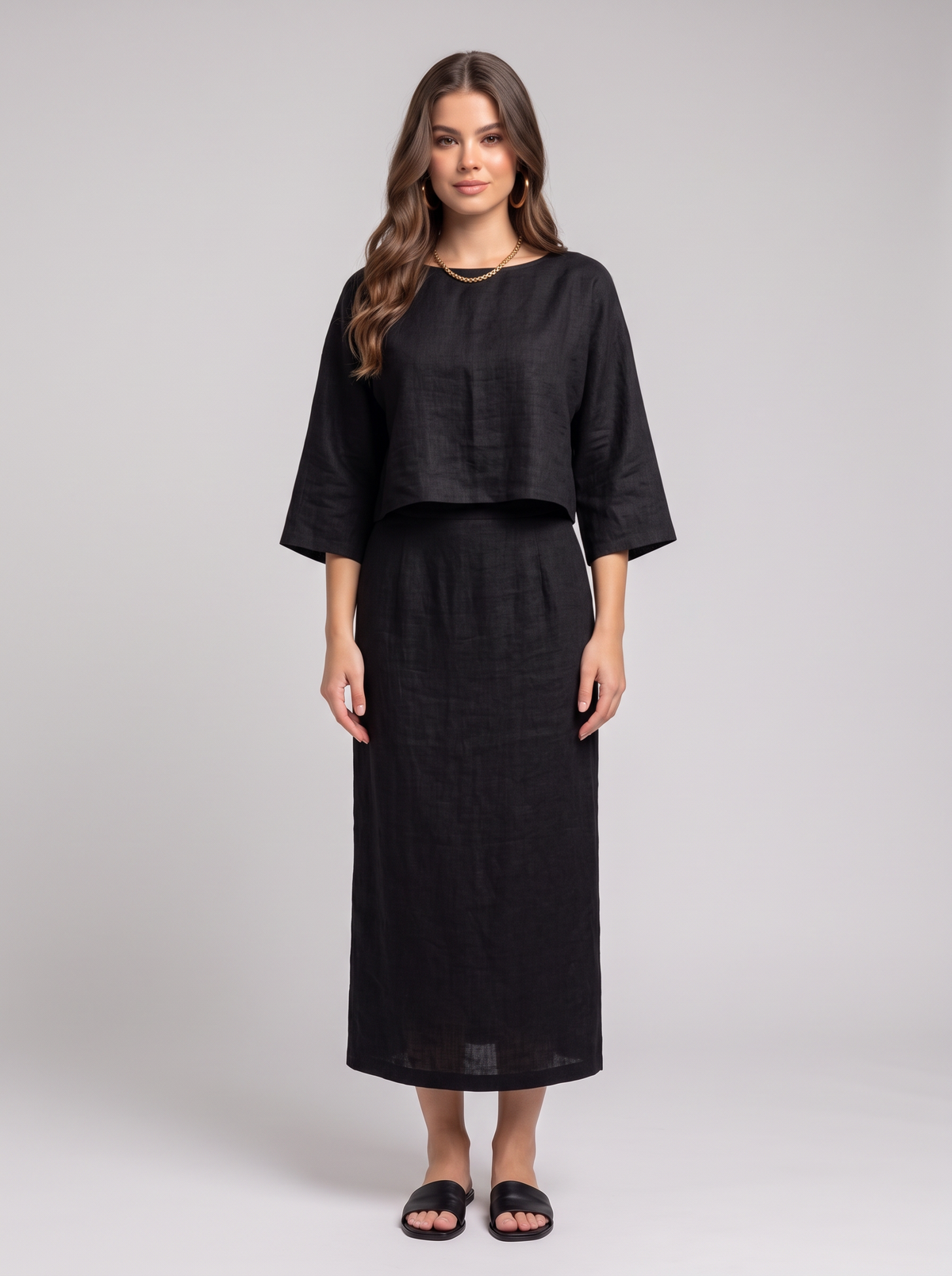 Solid Color Cropped Top and Midi Skirt Set - Black