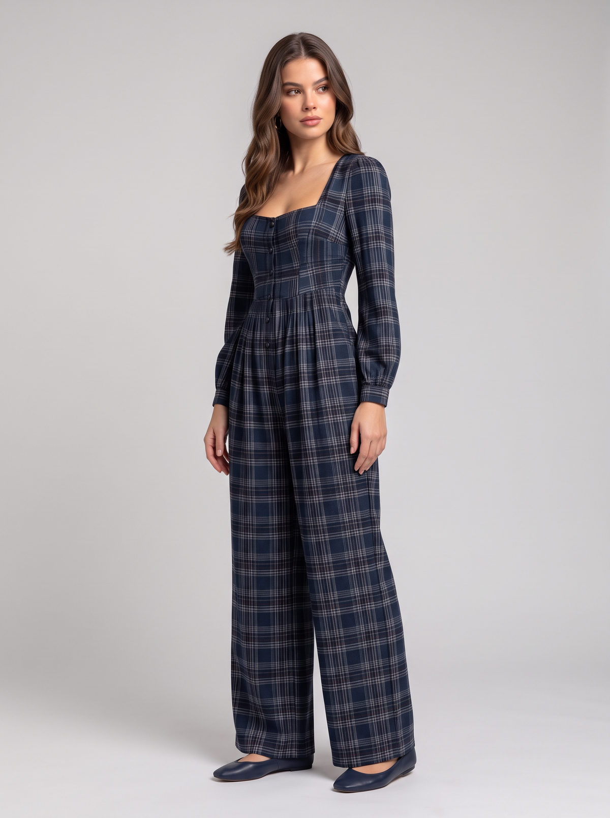 Plaid Square Neck Long Sleeve Wide Leg Jumpsuit - Dark Navy