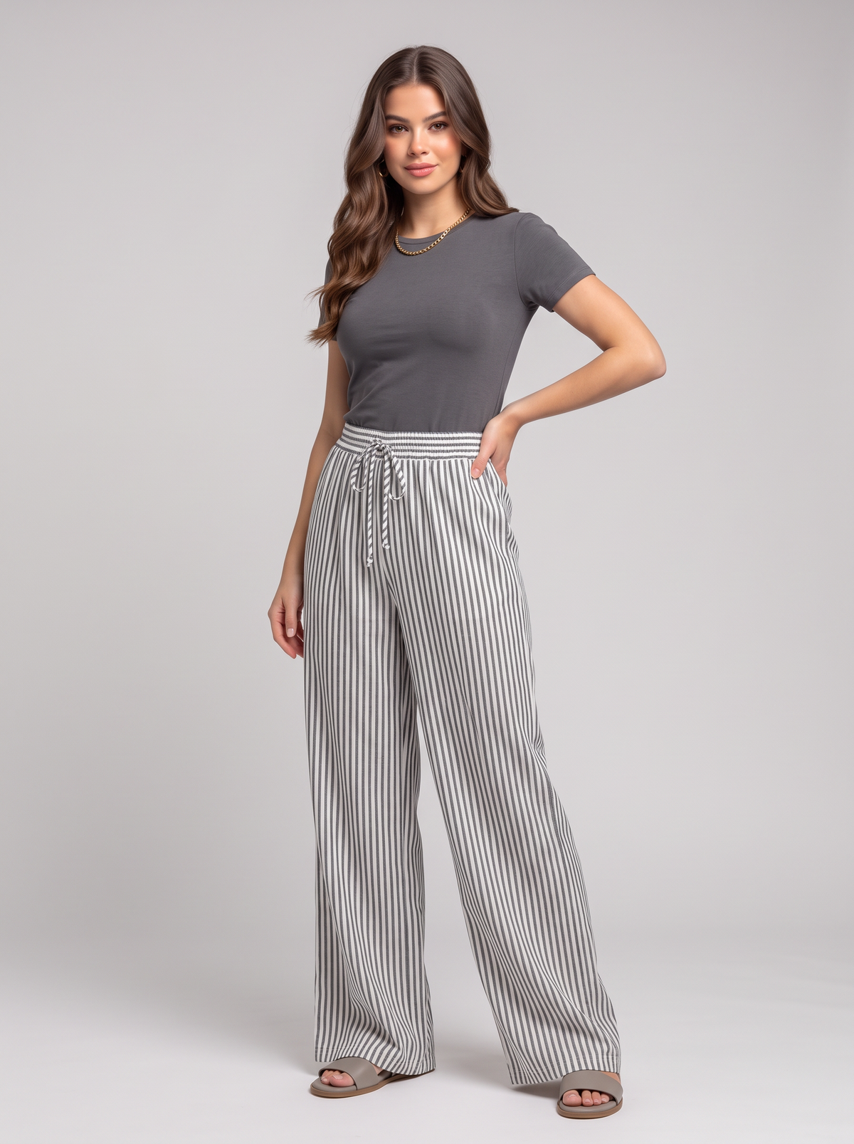 Striped Wide-Leg Pants - Grey