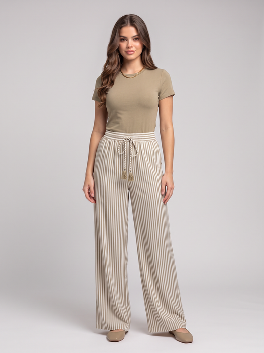 Striped Wide-Leg Pants - Khaki