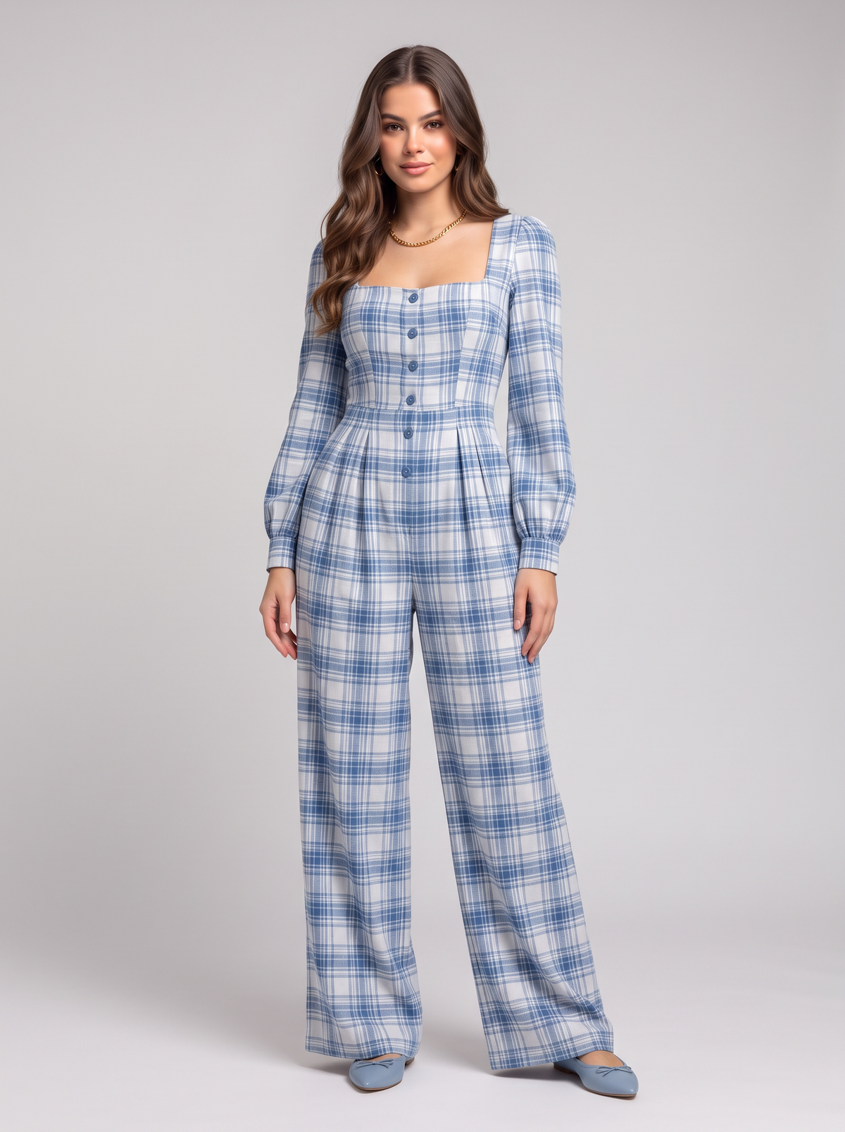 Plaid Square Neck Long Sleeve Wide Leg Jumpsuit - Light Blue