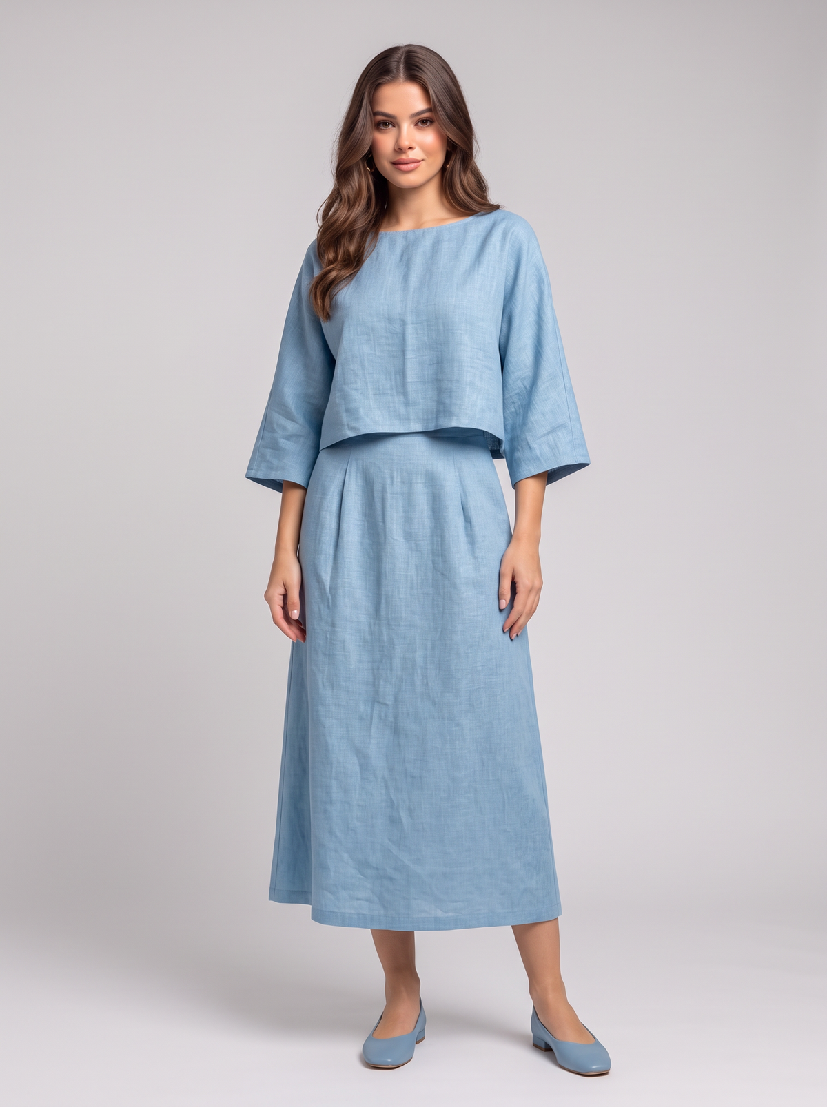 Solid Color Cropped Top and Midi Skirt Set - Sky Blue