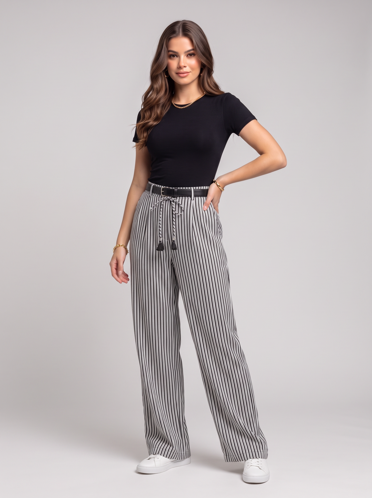Stripe Drawstring Casual Loose Pants - Black
